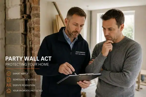Party wall surveyor Chippenham discussing extension plans with homeowner outside a UK semi-detached house.